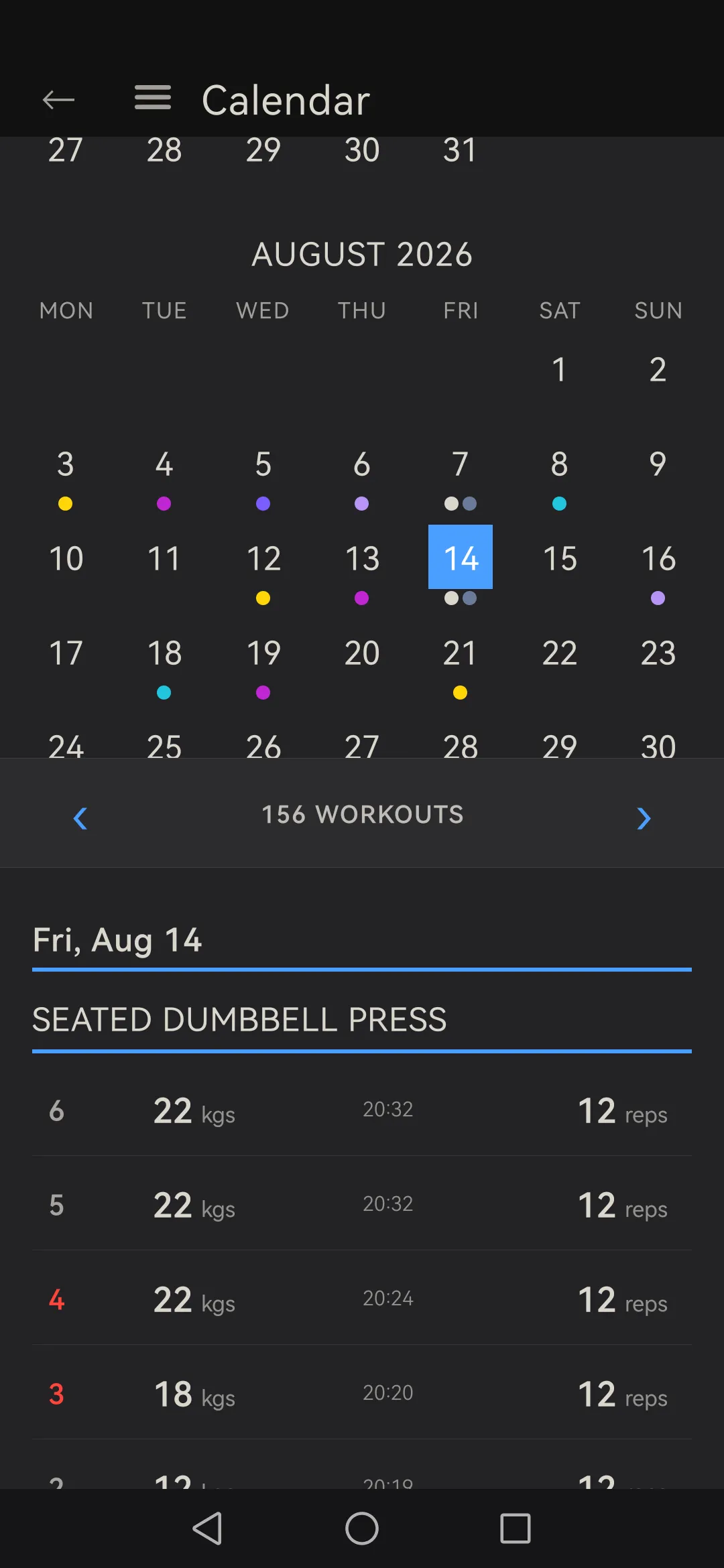 Skulpo calendar: training days marked across a month