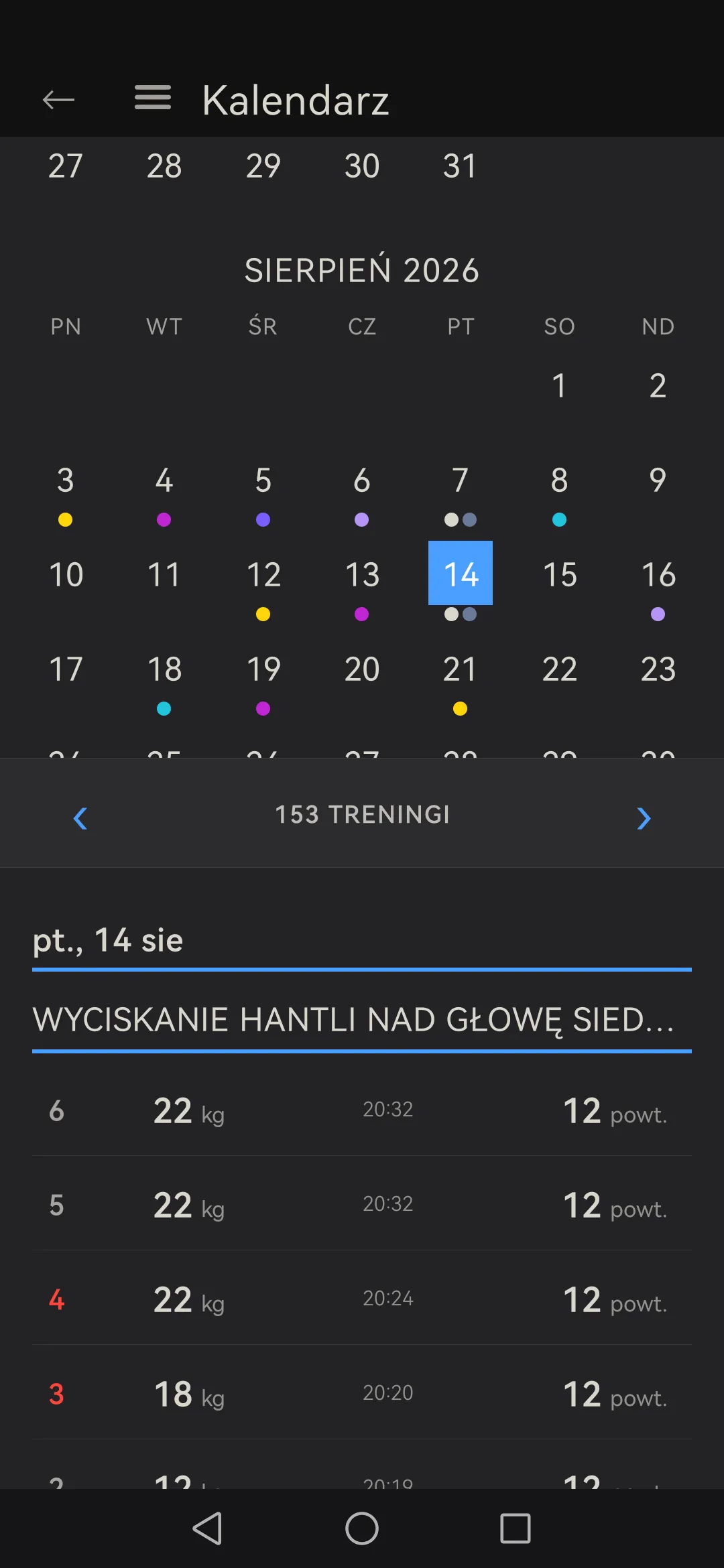 Kalendarz Skulpo: dni treningowe zaznaczone w miesiącu