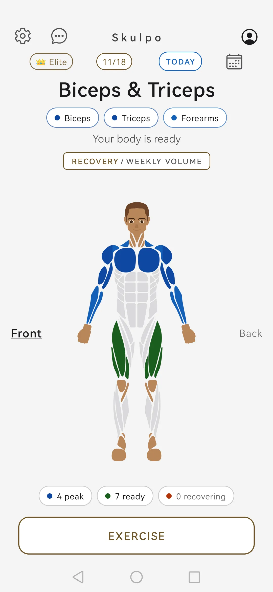Skulpo home screen with the body map