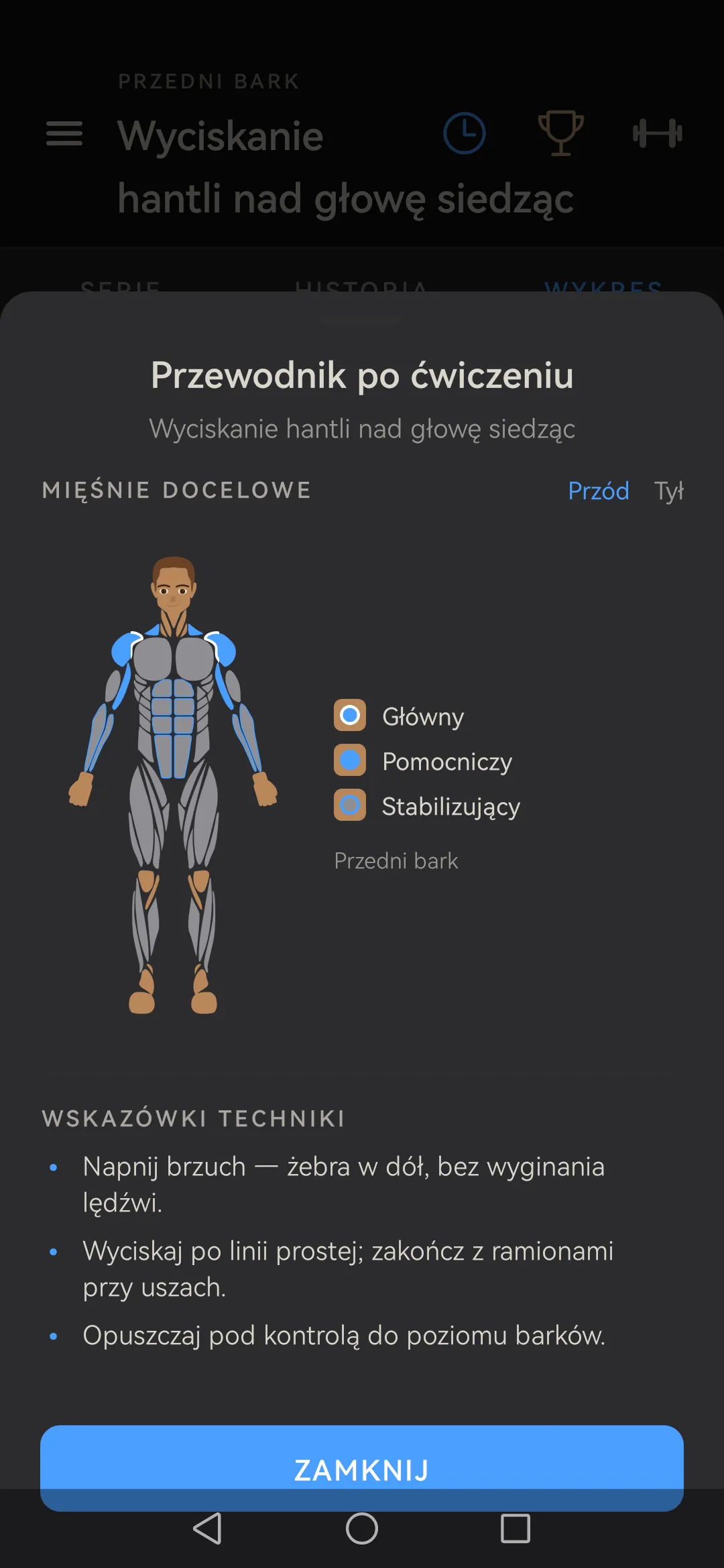 Arkusz instruktażu w Skulpo ze wskazówkami i figurą ról mięśni