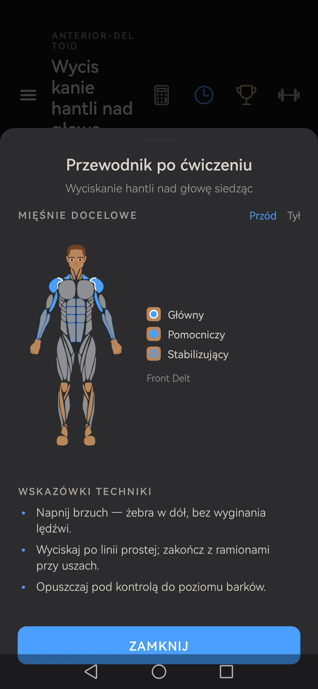 Arkusz instruktażu w Skulpo ze wskazówkami i figurą ról mięśni