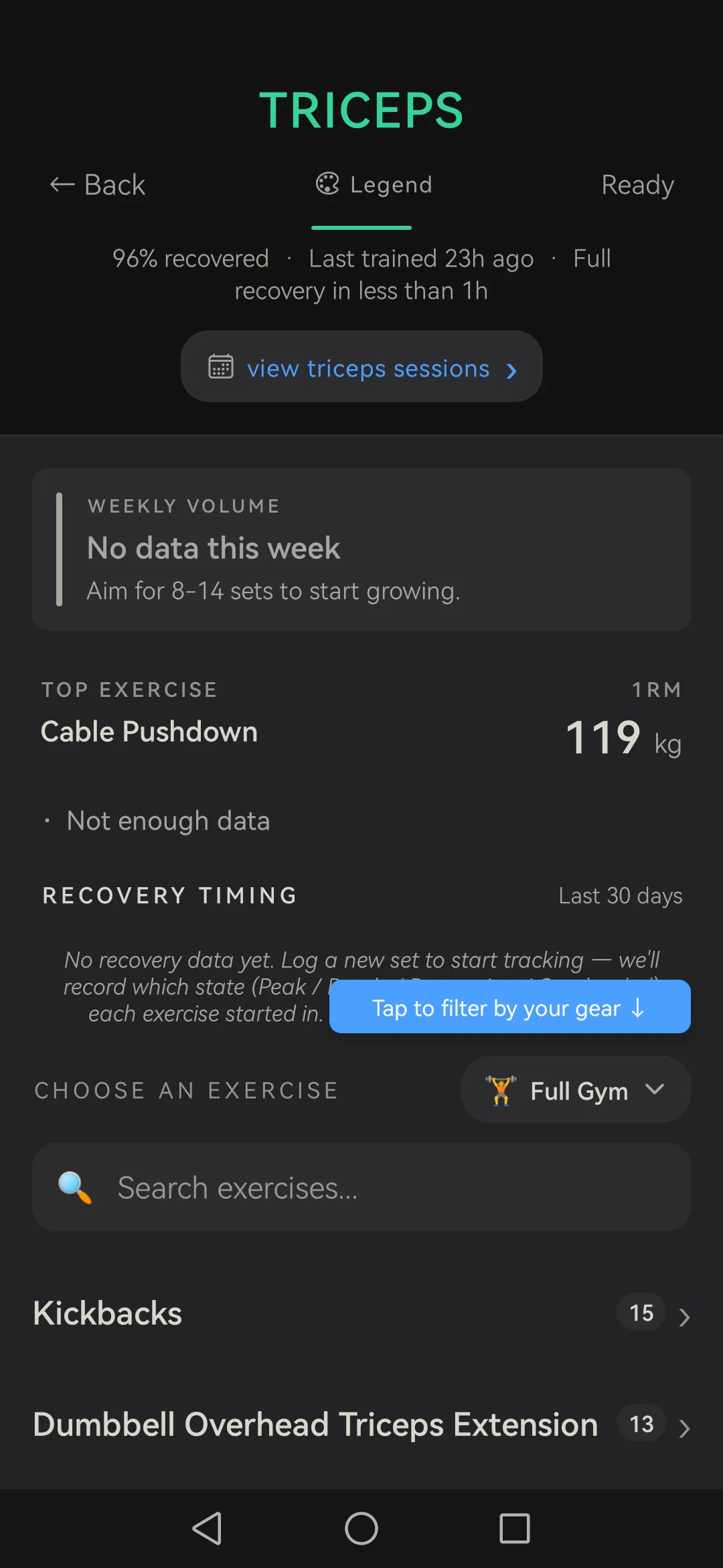 Skulpo muscle screen: current state, recovery percentage, top exercise and the exercise list