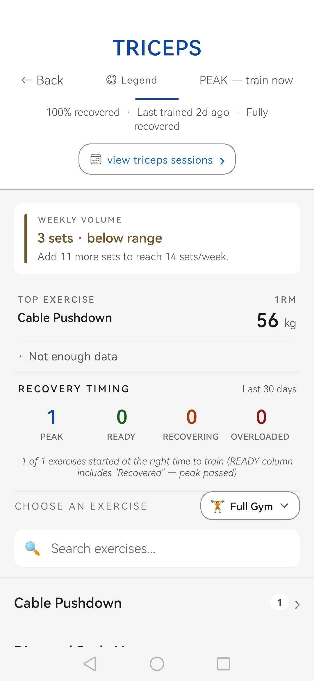 Skulpo muscle screen: current state, recovery percentage, top exercise and the exercise list