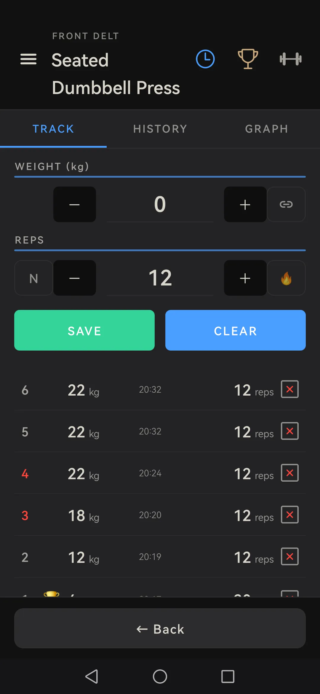 Skulpo Track tab: an exercise with several logged sets, weight and rep fields and the rest-timer button