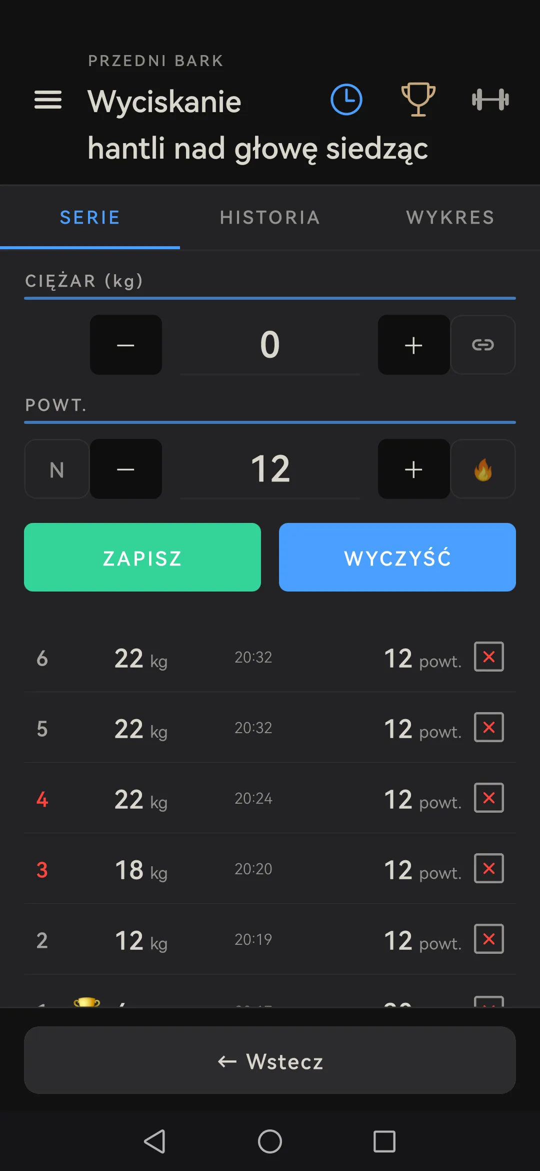 Zakładka Serie w Skulpo: ćwiczenie z kilkoma zapisanymi seriami, polami ciężaru i powtórzeń oraz przyciskiem timera przerw
