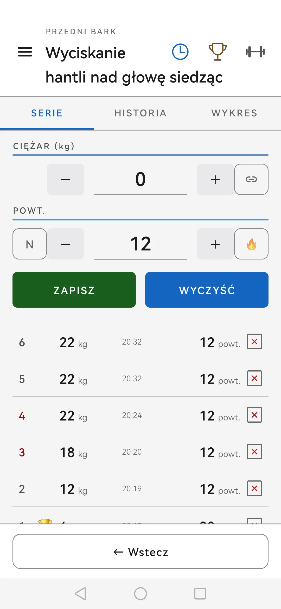 Zakładka Serie w Skulpo: ćwiczenie z kilkoma zapisanymi seriami, polami ciężaru i powtórzeń oraz przyciskiem timera przerw
