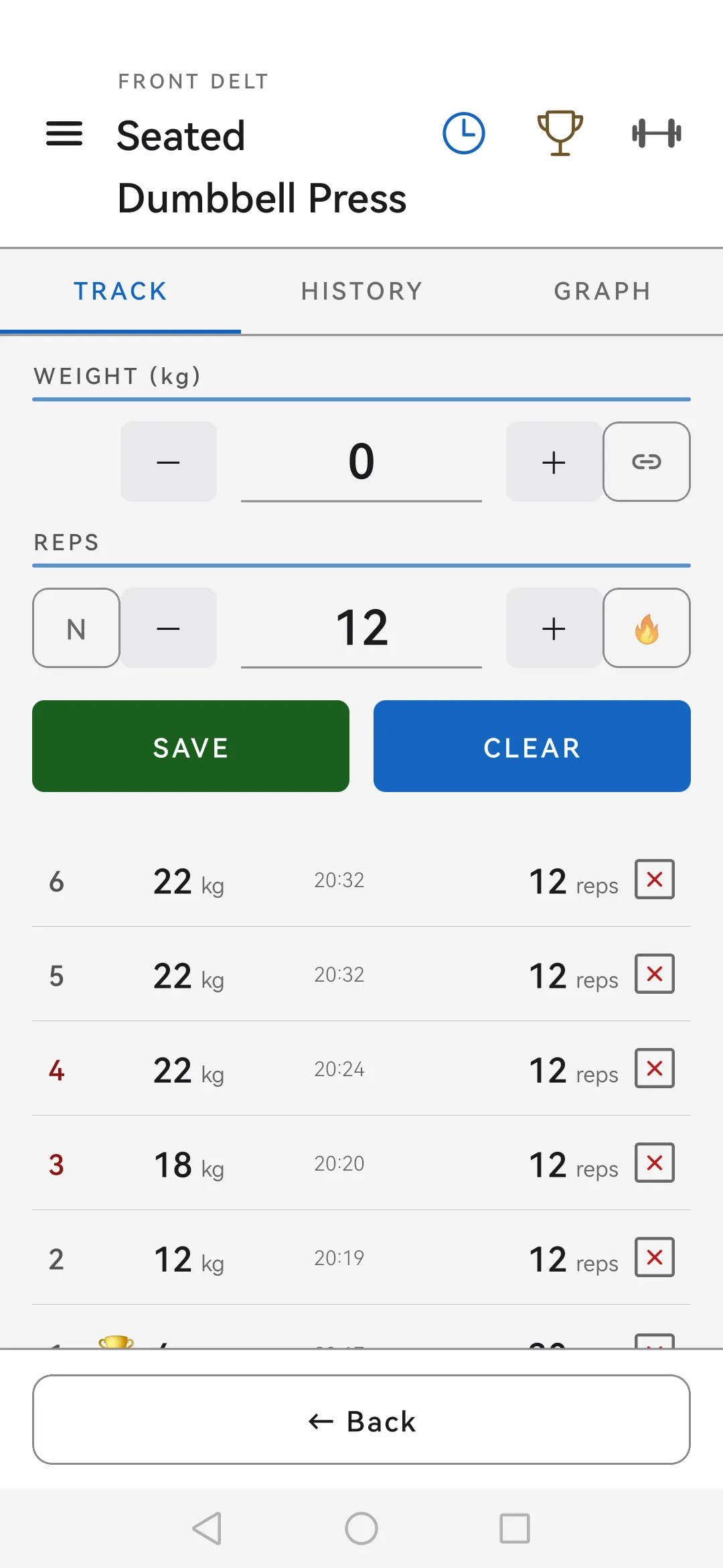 Skulpo Track tab: an exercise with several logged sets, weight and rep fields and the rest-timer button