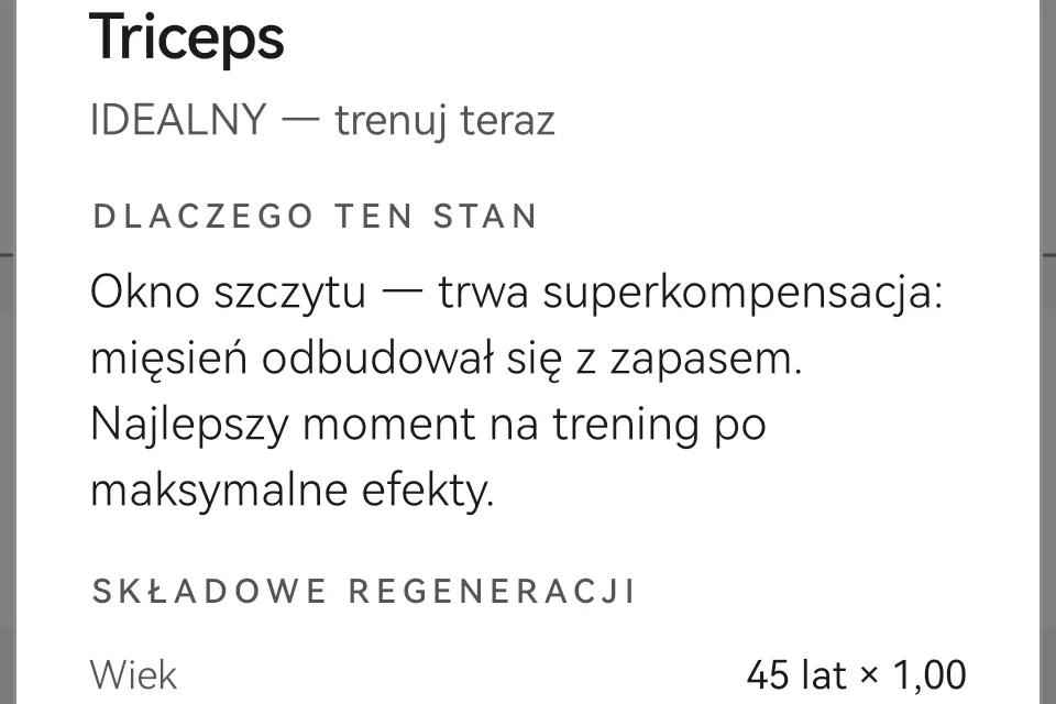 Ekran „Dlaczego” w Skulpo: rozbicie regeneracji z mnożnikiem wieku dla profilu testowego