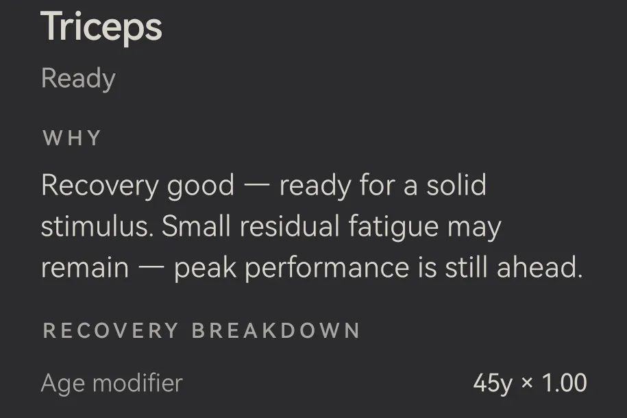 Skulpo “Why” screen: recovery breakdown with the age modifier for a test profile