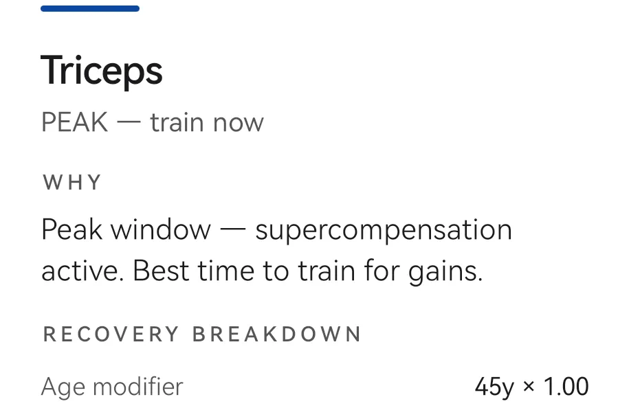 Skulpo “Why” screen: recovery breakdown with the age modifier for a test profile